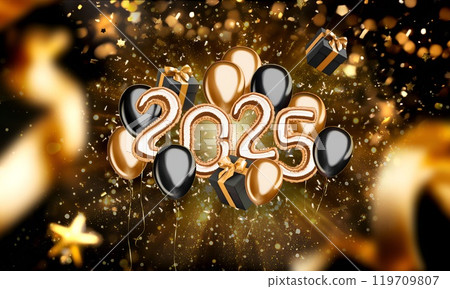 Decorative inflated foil balloon 2025 numbers, christmas font mockup festive background Decorative inflated foil balloon 2025 numbers, christmas font mockup festive background 119709807