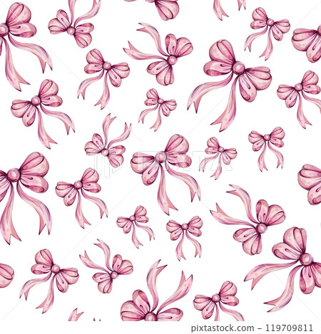 Watercolor seamless pattern - romantic pink bows for girls, princess, decoration. Celebrate and gifts design. For wallpaper, background, fabric, printing Watercolor seamless pattern - romantic pink bows for girls, princess, decoration. Celebrate and gifts design. For wallpaper, background, fabric, printing 119709811