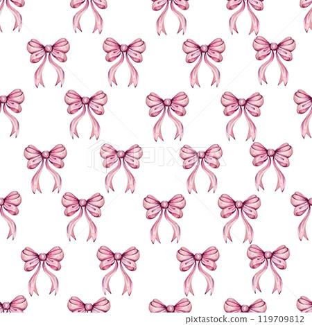 Watercolor seamless pattern - romantic pink bow for girls, princess, decoration. Celebrate and gifts design Watercolor seamless pattern - romantic pink bow for girls, princess, decoration. Celebrate and gifts design 119709812