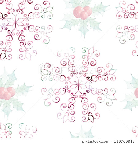 Christmas watercolor seamless pattern - openwork snowflake. Bouquet with holly green leaves and red berries. Winter composition, decor in retro style. For wallpaper, background, fabric, printing Christmas watercolor seamless pattern - openwork snowflake. Bouquet with holly green leaves and red berries. Winter composition, decor in retro style. For wallpaper, background, fabric, printing 119709813