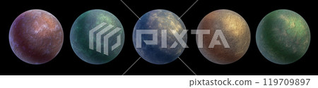 3D planet icon set, sci-fi moon space alien illustration, realistic red, yellow, blue globe render. 3D planet icon set, sci-fi moon space alien illustration, realistic red, yellow, blue globe render. 119709897