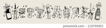 Christmas alcoholic cocktail icon set, vector hand drawn New Year beverage glass kit, wine bottle.  119709901
