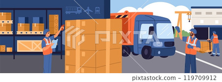 Cargo delivery. Goods loading and distribution process. Logistics hub. Freight transportation. Containers loaders. Technics lifting boxes. Warehouse with shelving. Garish vector concept Cargo delivery. Goods loading and distribution process. Logistics hub. Freight transportation. Containers loaders. Technics lifting boxes. Warehouse with shelving. Garish vector concept 119709912