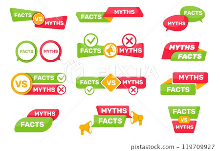 Myths and facts inscriptions. Colored lies with text. Truth and fraud. Proof vs fiction. Fake misleading news. Loudspeaker or speech bubble. Phrase label templates. Vector stickers set Myths and facts inscriptions. Colored lies with text. Truth and fraud. Proof vs fiction. Fake misleading news. Loudspeaker or speech bubble. Phrase label templates. Vector stickers set 119709927