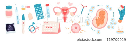 People fertility. Artificial insemination. Child conception. Gynecology and obstetrics elements. Reproductive function. Prenatal examining. Ultrasonic diagnostics. Garish vector set 119709929