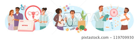Pregnancy planning scenes. Gynecologist visit. Conception and fertilization. Reproductive function. Women health. Parents couple at appointment with doctor. Garish vector concepts set Pregnancy planning scenes. Gynecologist visit. Conception and fertilization. Reproductive function. Women health. Parents couple at appointment with doctor. Garish vector concepts set 119709930