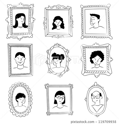 A set of hand drawn portraits of men and women. Sketch of family photos in frames hanging on a wall. Set of framed faces. 119709938