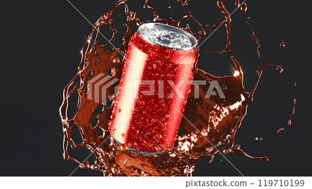 Blank red soda can water splash mockup, depth of field 119710199