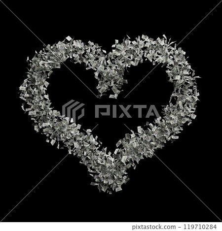 Heart shaped formation of scattered dollar bills on a black background, symbolizing wealth, love for money, or financial success. Ideal for finance, romance, luxury themes, or Valentine Day, merging 119710284