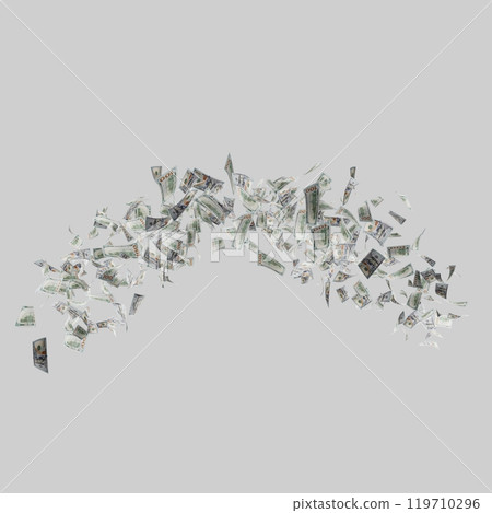 Scattered dollar bills arching in the air on a light gray background, symbolizing financial flow, wealth, income, or cash movement. Perfect for finance, investment, or money-related themes. 119710296