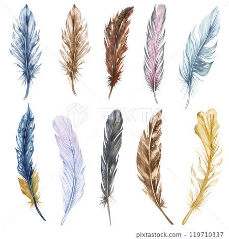 Hand drawn watercolor feather set. Boho bird feathers cipart 119710337