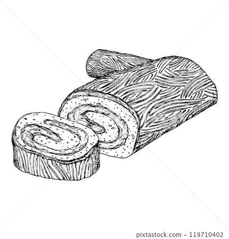 A festive yule log cake, buche de Noel, Christmas holiday meal featuring, sliced rolled pastrie. A detailed black and white hand drawn ink vector illustration. A festive yule log cake, buche de Noel, Christmas holiday meal featuring, sliced rolled pastrie. A detailed black and white hand drawn ink vector illustration. 119710402