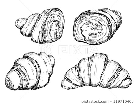 A set of detailed hand drawn vector sketch of croissants, the inner layers and filling. Monochrome clip art of a flaky, layered French pastry for bakery, food-related designs and packaging concepts. 119710403