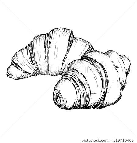 A detailed hand drawn sketch of croissants. Vector black and white illustration of a flaky, layered French pastry. Perfect for bakery, breakfast, or food-related designs and packaging concepts. 119710406