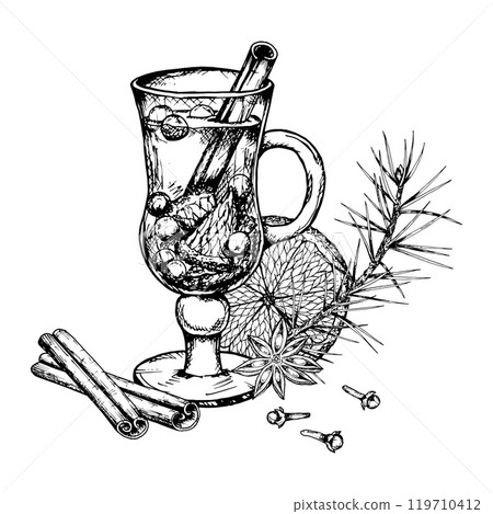 Vector ink hand drawn clipart of hot winter drink in glass cup: punch, mulled wine, tea with citrus, cinnamon sticks, star anise and cloves. Perfect for Christmas holiday print, pastry shop, cafe menu 119710412