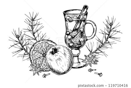 Vector ink hand drawn clipart of hot winter drink in glass cup: punch, mulled wine, tea with citrus, cinnamon sticks, star anise and cloves. Perfect for Christmas holiday print, pastry shop, cafe menu 119710416