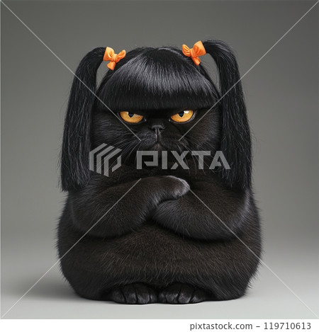 A Cute Yet Grumpy Black Cat Character with Adorable Pigtails to Capture Your Heart A Cute Yet Grumpy Black Cat Character with Adorable Pigtails to Capture Your Heart 119710613
