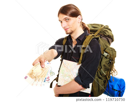 Man tourist backpacker paying euro money. Travel. Man tourist backpacker paying euro money. Travel. 119710730