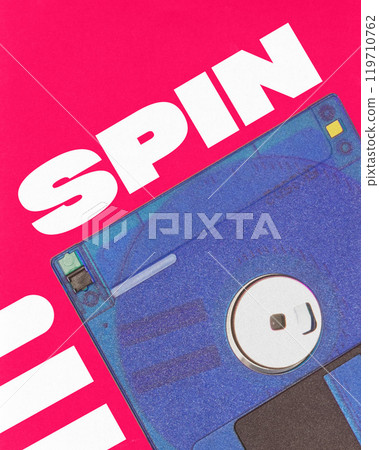 Poster. Contemporary art collage. Spin. That Disk. Close-up of vintage floppy disk against vibrant pink background. Poster. Contemporary art collage. Spin. That Disk. Close-up of vintage floppy disk against vibrant pink background. 119710762