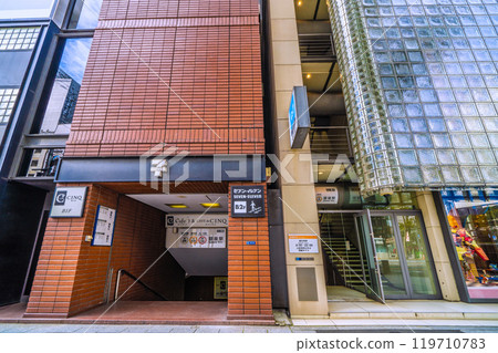 Tokyo cityscape in Japan: Ginza, Tokyo. View of Ginza Station entrance/exit B6 (left side) and entrance/exit B7 (right side) on October 27th 119710783