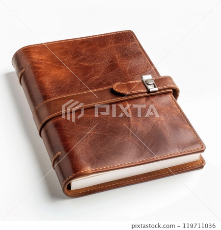 Elegant brown leather journal closed with a secure clasp on a white background Elegant brown leather journal closed with a secure clasp on a white background 119711036