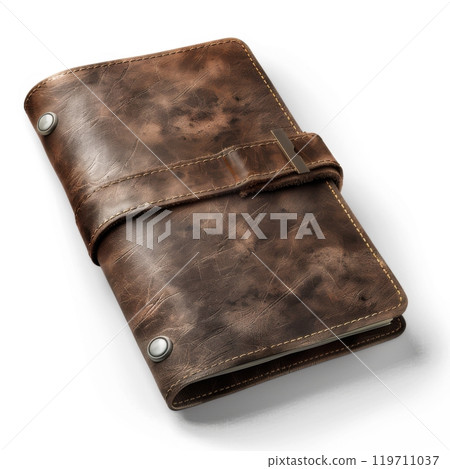 Vintage brown leather notebook with secure clasp on white background Vintage brown leather notebook with secure clasp on white background 119711037