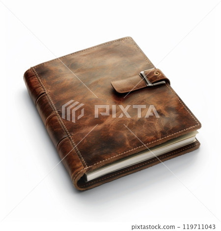 Vintage brown leather notebook with strap closure on white background 119711043
