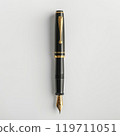 Elegant black fountain pen with gold nib and clip on white background 119711051
