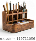 Wooden desk organizer filled with pencils, pens, and markers for office use 119711056