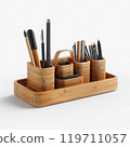 Bamboo desk organizer with assorted pens and pencils for office supplies 119711057