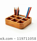 Wooden organizer with pencils and pens inside on white background 119711058