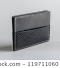 Black leather wallet with sleek design against a minimalist background 119711060