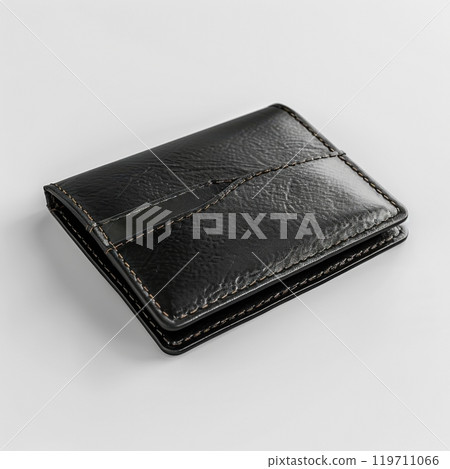 Black leather wallet featuring minimalist design on a white surface Black leather wallet featuring minimalist design on a white surface 119711066