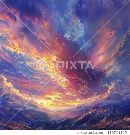 Fiery Sunset Over Majestic Mountain Range , Generate AI Fiery Sunset Over Majestic Mountain Range , Generate AI 119711125