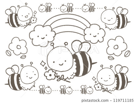 Lots of cute bee characters Coloring book Line drawing 119711185