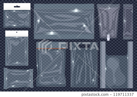 Transparent blank food packs mega set elements in flat graphic design. Collection objects of different shape empty plastic package with zip lock, waterproof polythene packaging. Vector illustration. 119711337