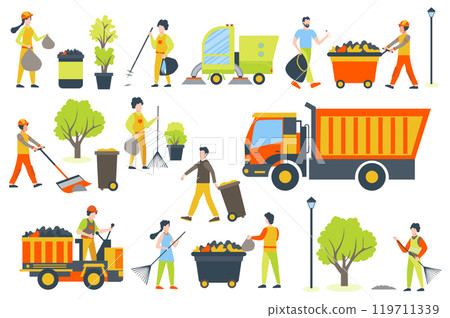 Street cleaning mega set elements in flat graphic design. Collection objects of people collecting garbage, sweeping trash, using trucks and different machines, waste containers. Vector illustration. 119711339