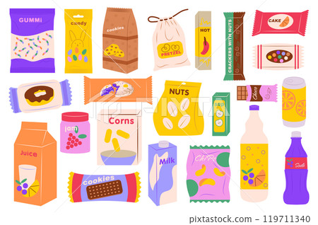 Snacks in packages mega set elements in flat graphic design. Collection objects of sweets, gummy, candies, cookies, pretzels, chips in plastic packs and drinks in can and bottles. Vector illustration. 119711340