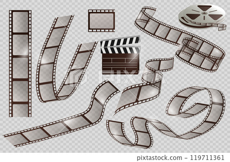 Old film strip mega set elements in flat graphic design. Collection objects of vintage cinema filmstrip negatives, films slide templates in rolls, movie reels, director clapper. Vector illustration. Old film strip mega set elements in flat graphic design. Collection objects of vintage cinema filmstrip negatives, films slide templates in rolls, movie reels, director clapper. Vector illustration. 119711361