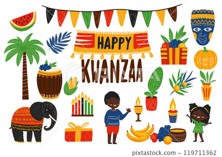 Kwanzaa holiday festival mega set elements in flat graphic design. Collection objects of tree palm, african boy and girl, elephant, drum, tribal mask, candle, gift, fruits, other. Vector illustration. Kwanzaa holiday festival mega set elements in flat graphic design. Collection objects of tree palm, african boy and girl, elephant, drum, tribal mask, candle, gift, fruits, other. Vector illustration. 119711362
