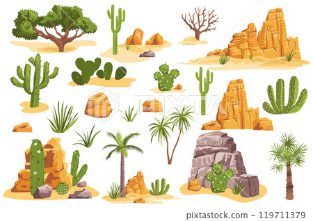 Desert stones and plants mega set elements in flat graphic design. Collection objects of different trees, cactus, palms and rock mountains for wildlife African landscape scenes. Vector illustration. Desert stones and plants mega set elements in flat graphic design. Collection objects of different trees, cactus, palms and rock mountains for wildlife African landscape scenes. Vector illustration. 119711379