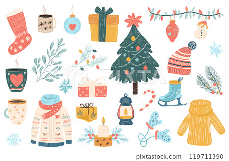 Christmas mega set elements in flat graphic design. Collection objects of sock, cup, ball toy, gift, tree with decoration, garland, hat, fir brunch, snowflakes, sweaters, other. Vector illustration. Christmas mega set elements in flat graphic design. Collection objects of sock, cup, ball toy, gift, tree with decoration, garland, hat, fir brunch, snowflakes, sweaters, other. Vector illustration. 119711390