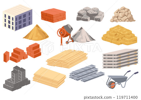 Building materials mega set elements in flat graphic design. Collection objects of house construction, blocks, stones pile, sand, concrete mixer, wooden boards, slabs, others. Vector illustration. 119711400