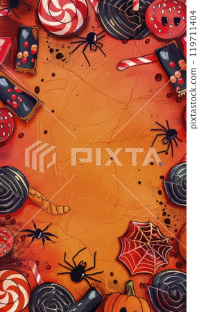 Halloween Candy and Spiders Celebration Background, Generate AI 119711404