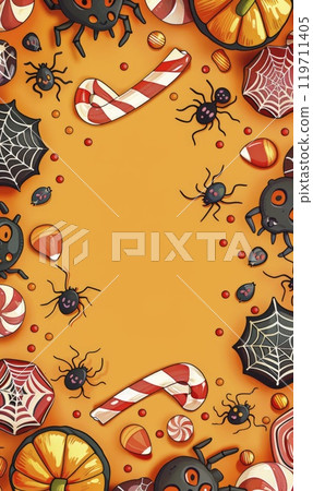 Halloween Candy and Spiders Celebration Background, Generate AI 119711405