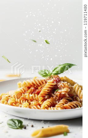 Floating Fusilli Pasta with Tomato Sauce, Generate AI 119711480