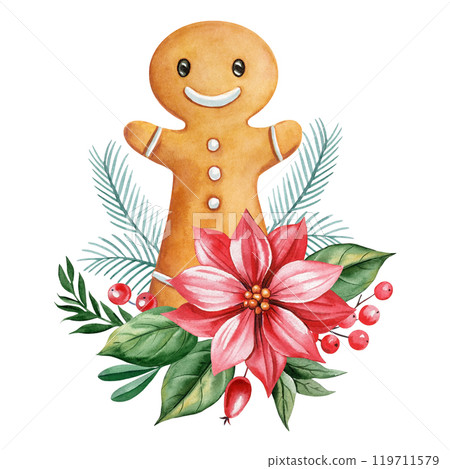 Holiday watercolor gingerbread man, vibrant red flower, frosty foliage and seasonal berries for Christmas decor, poster Holiday watercolor gingerbread man, vibrant red flower, frosty foliage and seasonal berries for Christmas decor, poster 119711579