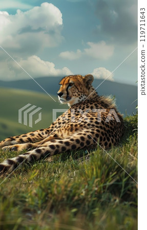 A tranquil cheetah rests amid lush grass, basking in the warm golden hour light. Generate AI A tranquil cheetah rests amid lush grass, basking in the warm golden hour light. Generate AI 119711643