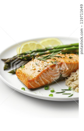 A healthy dish with grilled salmon, asparagus, and rice garnished with herbs. Generate AI 119711649