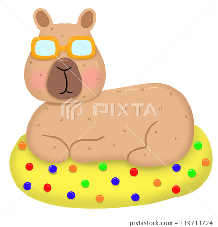 Funny Capybara wearing sunglasses sleeps on a rubber ring. 119711724